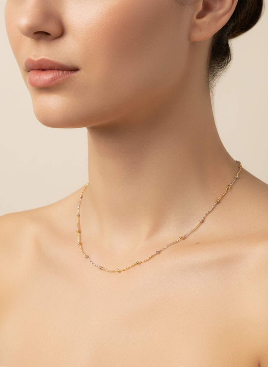 Pure Silver Tri-Color Gold, Silver, Rose Gold Beaded Chain