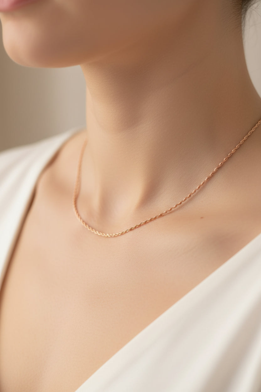 92.5 Sterling Silver Rose Gold Plated Dainty Rope Chain Necklace