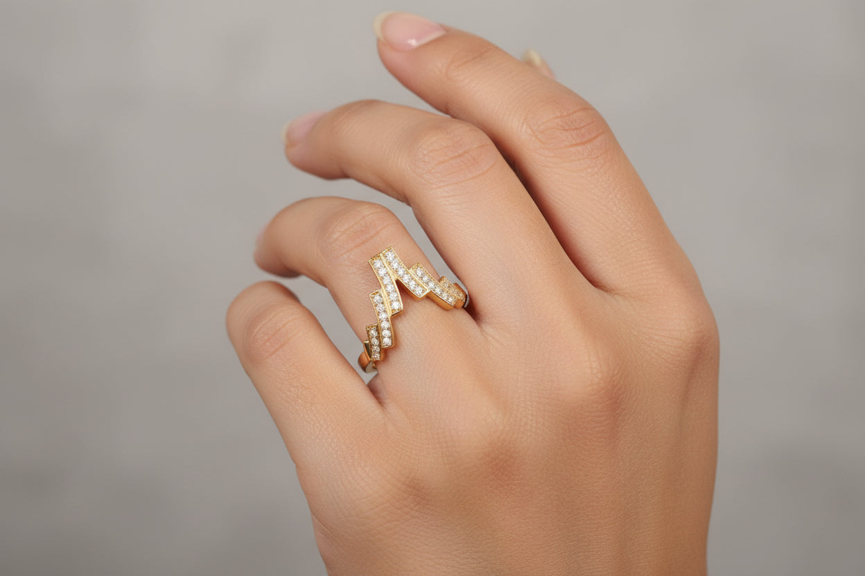 Luxury 92.5 Sterling Silver Gold Coated Zig-Zag Pulse Ring