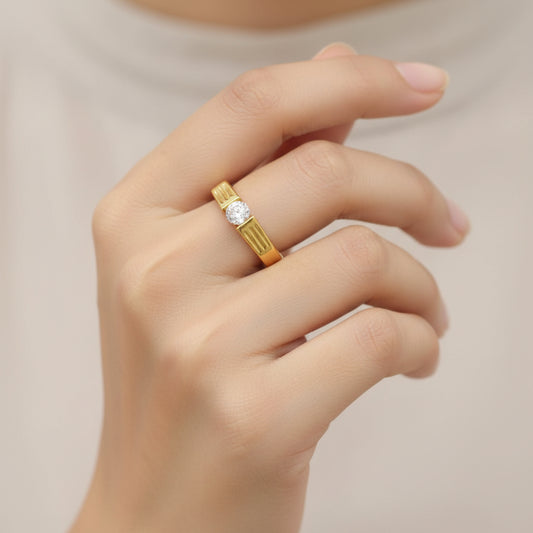 Luxury 92.5 Sterling Silver Gold Coated Ribbed Solitaire Ring