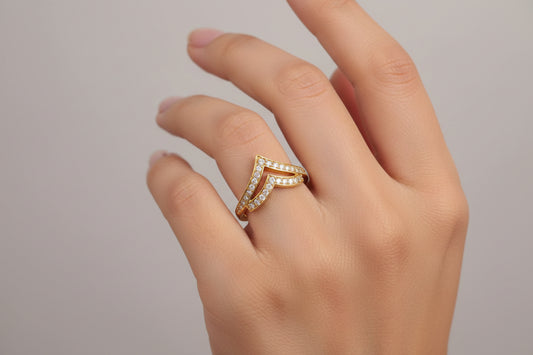 Luxury 92.5 Sterling Silver Gold Coated Royal Chevron Wishbone Ring