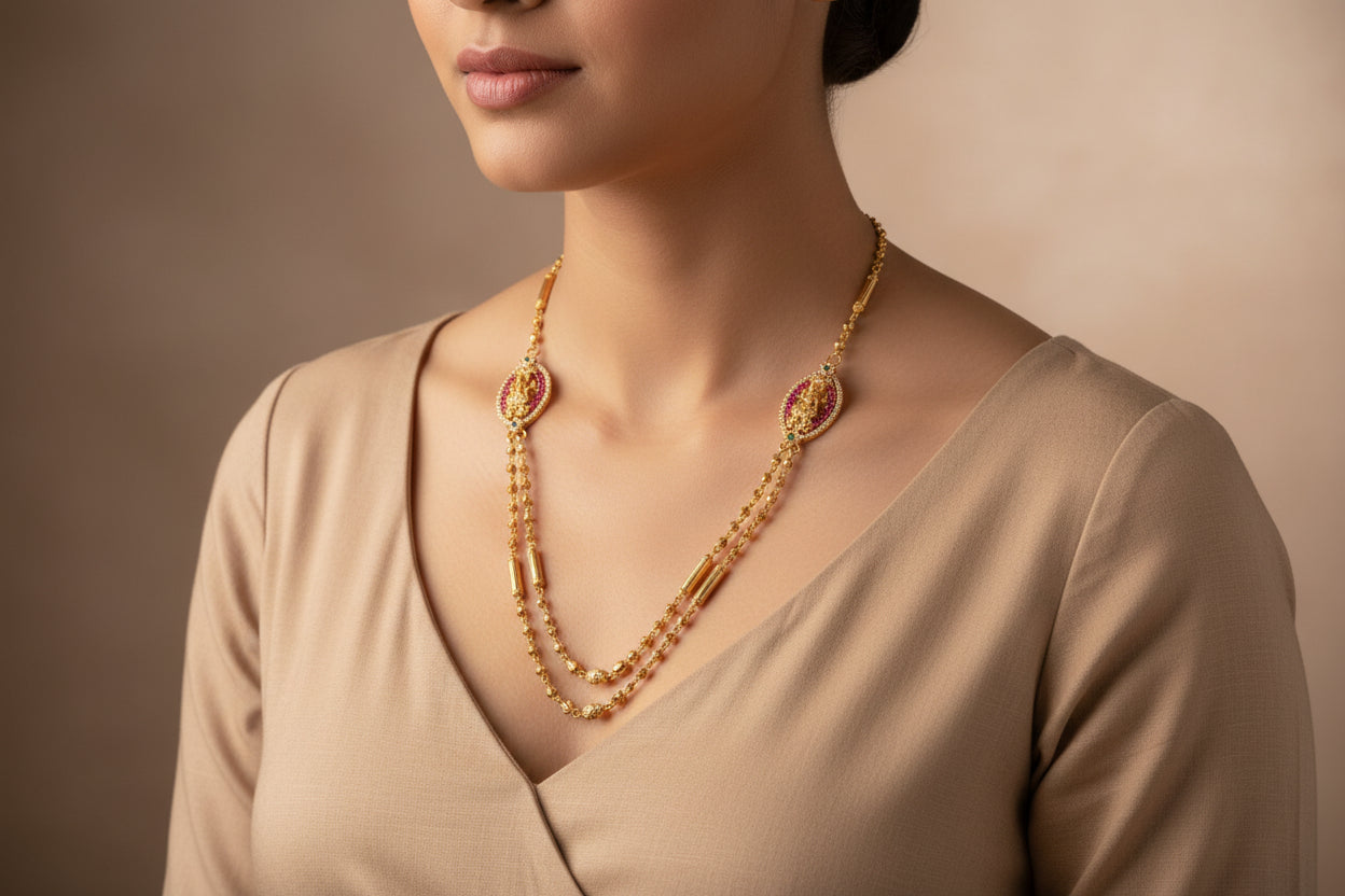 Luxury 92.5 Sterling Silver Gold Coated Lakshmi Necklace