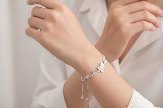 92.5 Sterling Silver Butterfly & Leaf adjustable Bracelet