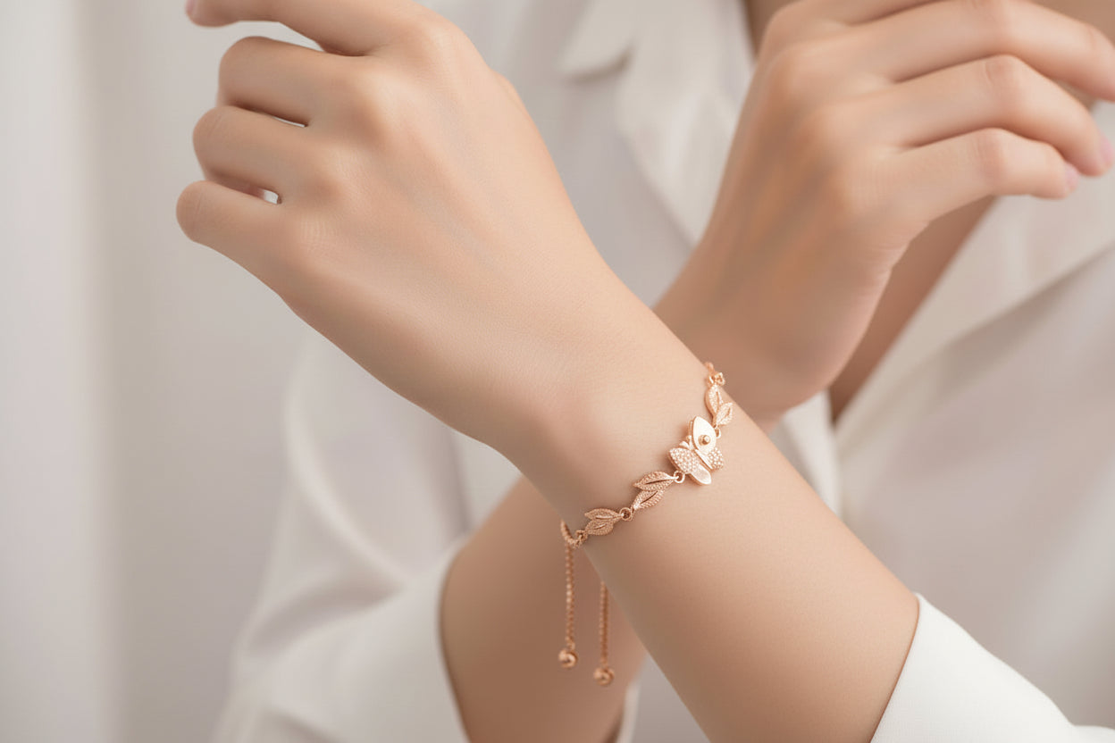 92.5 Sterling Silver Butterfly & Leaf adjustable Bracelet