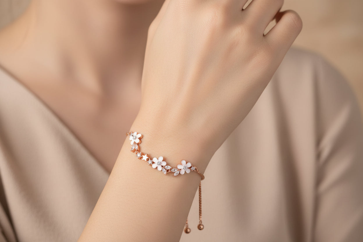 Luxury 92.5 Sterling Silver Rose Gold Floral adjustable Bracelet