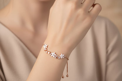 Luxury 92.5 Sterling Silver Rose Gold Floral adjustable Bracelet