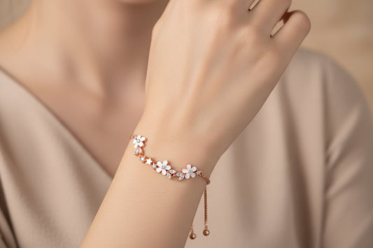 Luxury 92.5 Sterling Silver Rose Gold Floral adjustable Bracelet