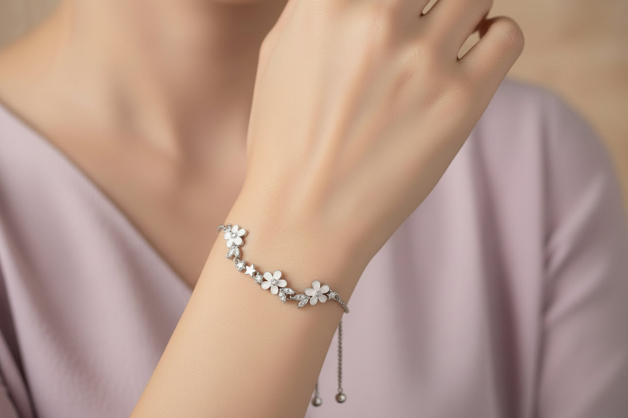 Luxury 92.5 Sterling Silver Rose Gold Floral adjustable Bracelet