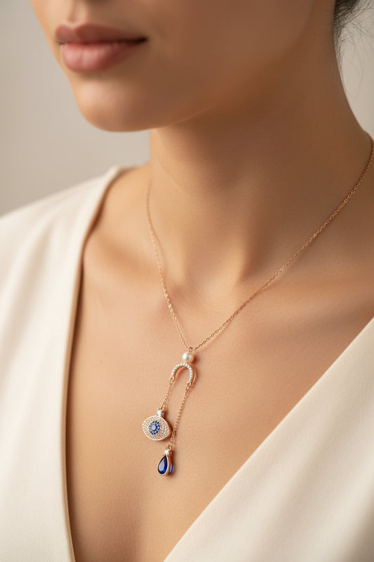 92.5 Sterling Silver Rose Gold Evil Eye & Teardrop Lariat Chain
