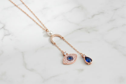 92.5 Sterling Silver Rose Gold Evil Eye & Teardrop Lariat Chain