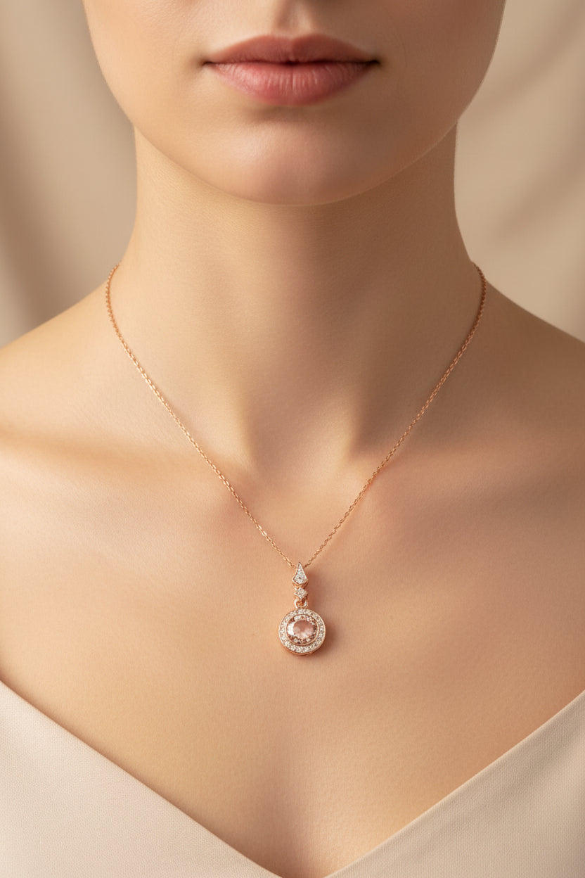 92.5 Sterling Silver Rose Gold Halo Pendant Chain