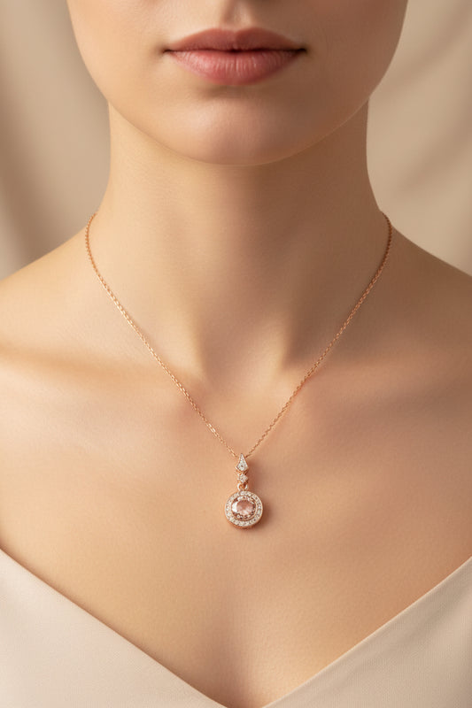 92.5 Sterling Silver Rose Gold Halo Pendant Chain