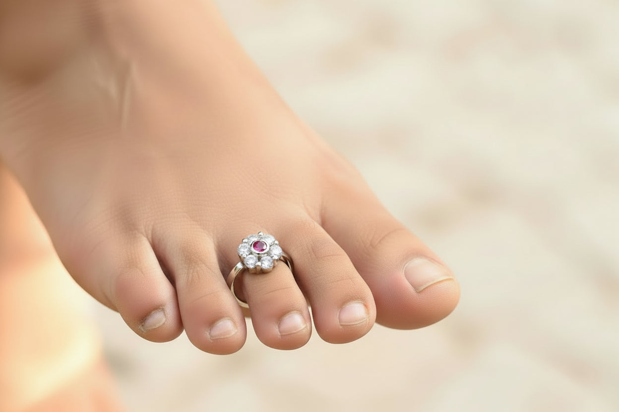 Adjustable 92.5 Sterling Silver  Ruby Pink & White Stones Toe Rings