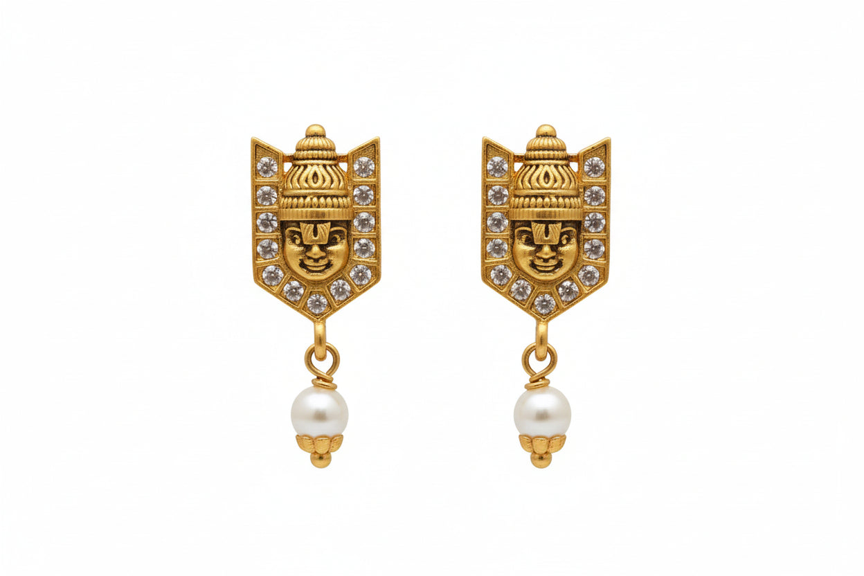 Gold Plated 92.5 Sterling Silver Divine Balaji Earrings with Pearl Drop