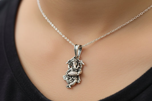 Pure 92.5 Silver Musical Ganesha Pendant with Dholak