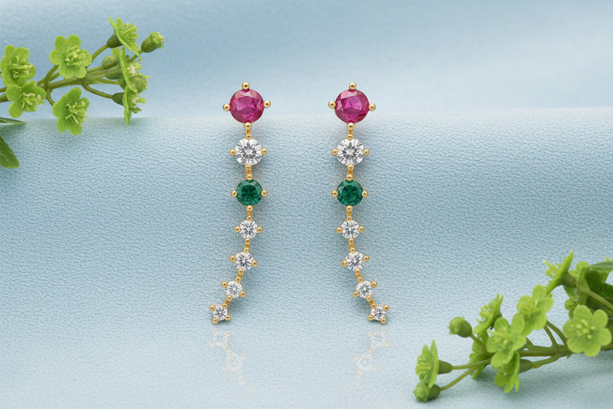 Gold Plated 92.5 Sterling Silver Multi-Stone Linear Drop Earrings