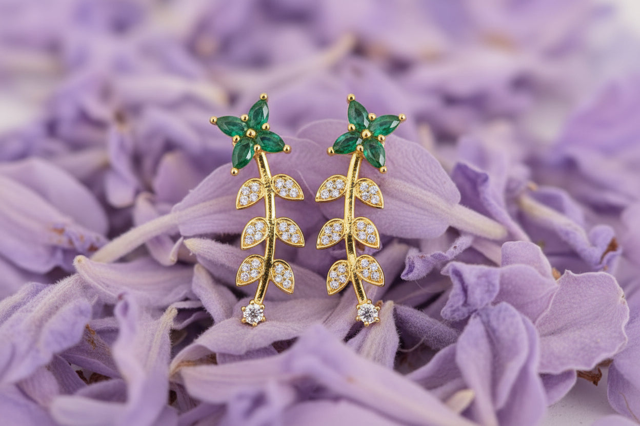 Gold Plated 92.5 Sterling Silver Emerald Floral Vine Long Drop Earrings