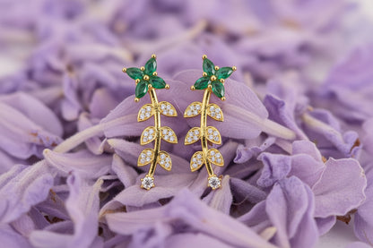 Gold Plated 92.5 Sterling Silver Emerald Floral Vine Long Drop Earrings