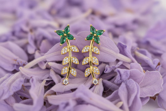 Gold Plated 92.5 Sterling Silver Emerald Floral Vine Long Drop Earrings