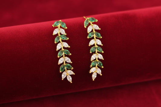 Gold Plated 92.5 Sterling Silver Emerald and White Zirconia Leafy Vine Drop Earrings