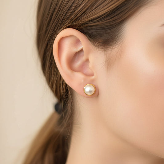 Gold Plated 92.5 Sterling Silver Classic Pearl Stud Earrings