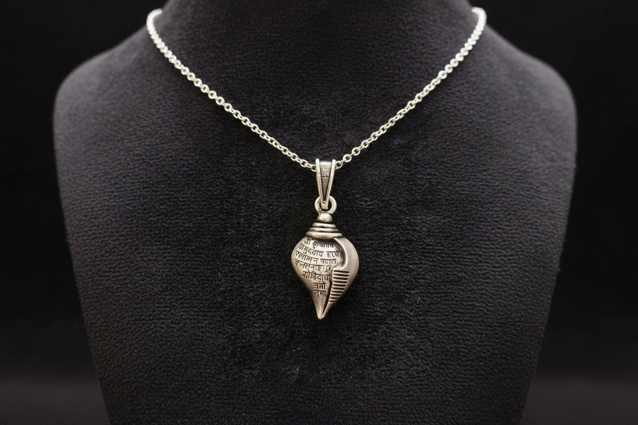 92.5 Sterling Silver Shankh Pendant with Krishna Mantra