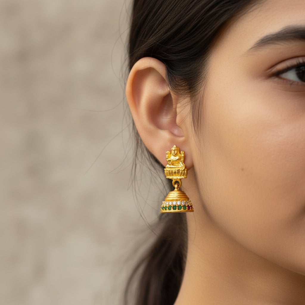 Pure 92.5 Silver Gold Plated Goddess Jhumka Earrings with Green & Ruby Stone Detailing