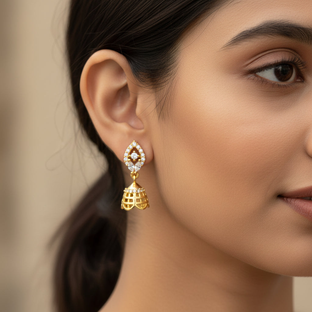 Pure 92.5 Silver Gold Plated CZ Jhumka Earrings – Traditional Dangler Earrings