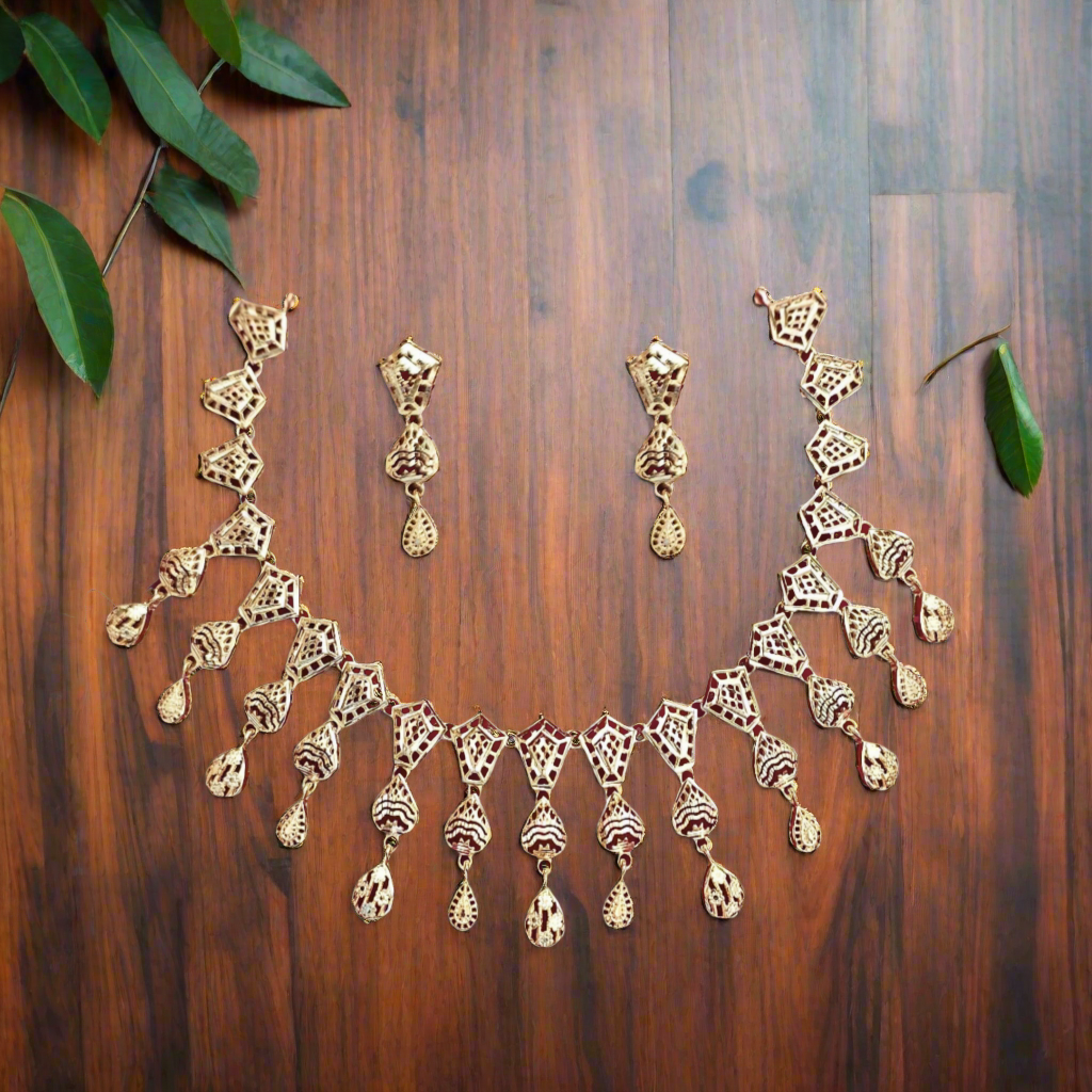 Geometric Filigree Gold-Toned Necklace and Earring Set