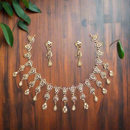 Geometric Filigree Gold-Toned Necklace and Earring Set