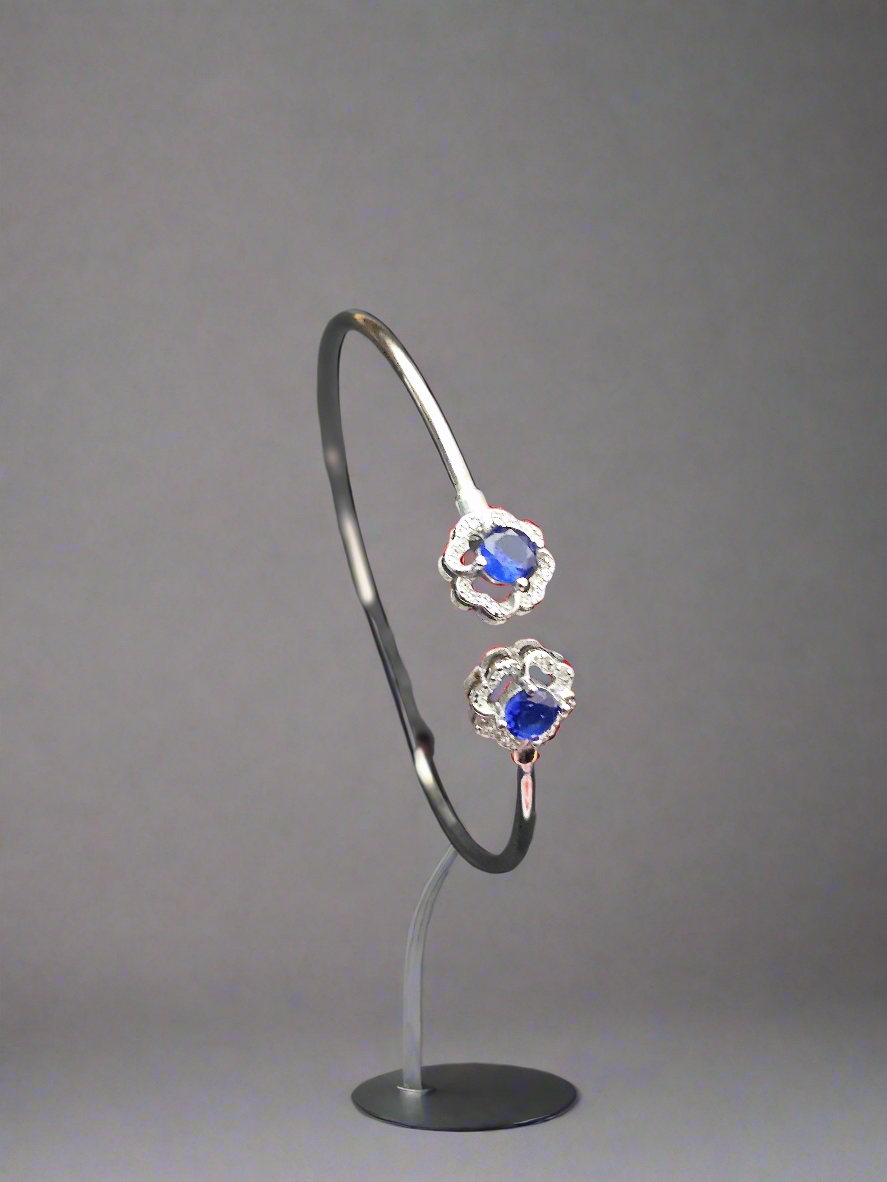 Elegant Silver Open Bangle with Blue Sapphire Stones