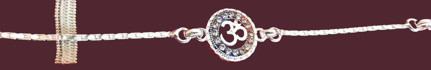 Pure Silver Om Bracelet with Stone-Studded Circle
