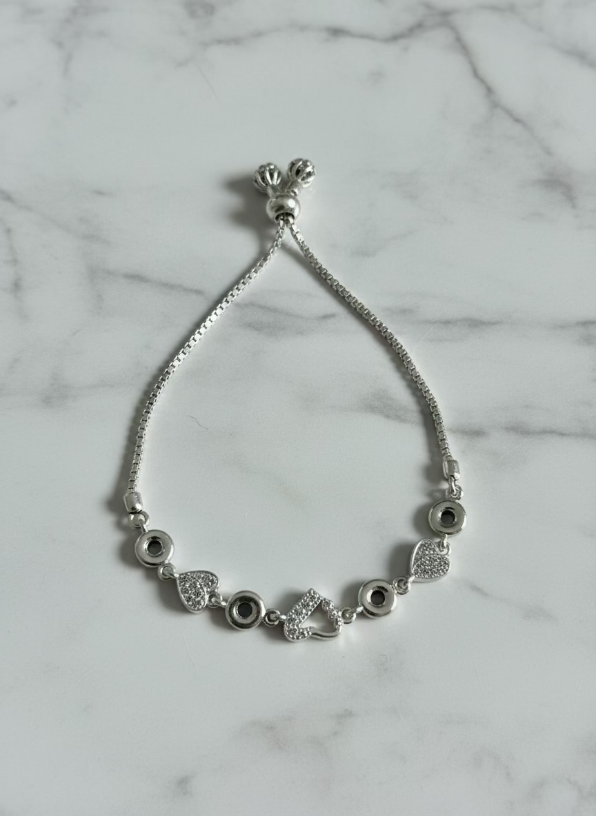 Adjustable Silver-Tone Box Chain Slider Bracelet with Pave CZ Charms