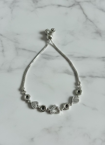 Adjustable Silver-Tone Box Chain Slider Bracelet with Pave CZ Charms