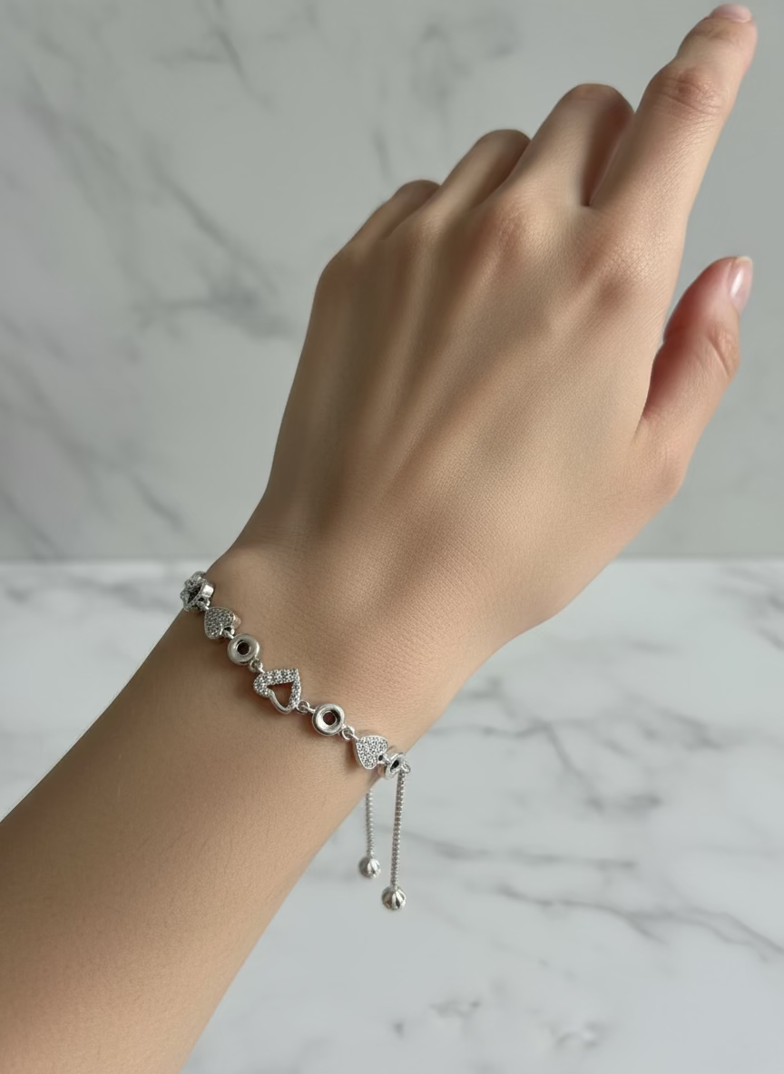 Adjustable Silver-Tone Box Chain Slider Bracelet with Pave CZ Charms