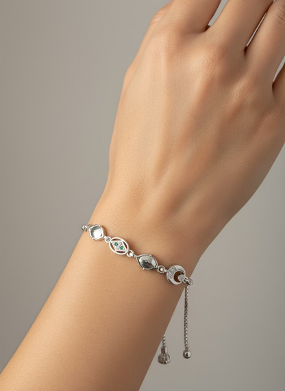 Sparkling CZ & Crescent Moon Sterling Silver Adjustable Bolo Bracelet