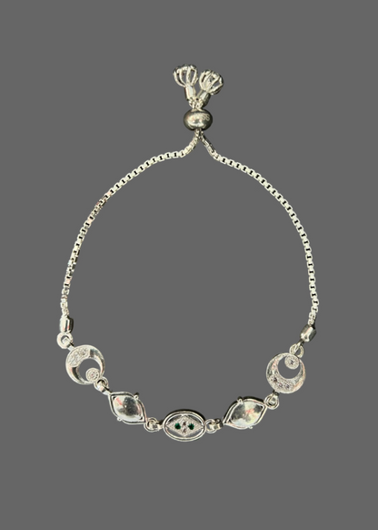 Sparkling CZ & Crescent Moon Sterling Silver Adjustable Bolo Bracelet