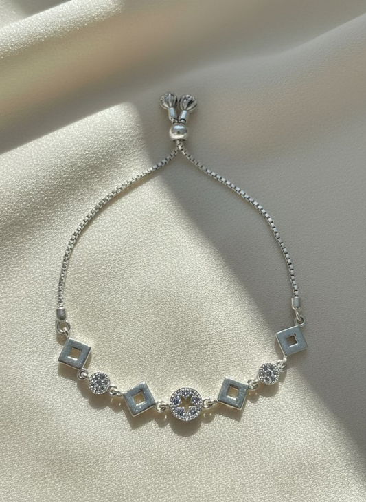Sparkling Cubic Zirconia Geometric Sterling Silver Adjustable Bolo Bracelet