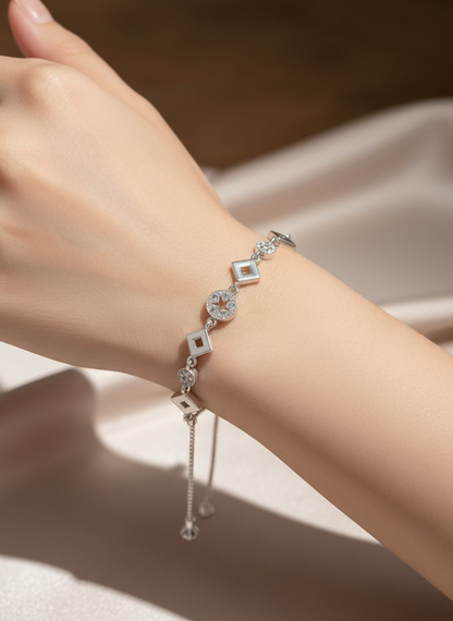 Sparkling Cubic Zirconia Geometric Sterling Silver Adjustable Bolo Bracelet