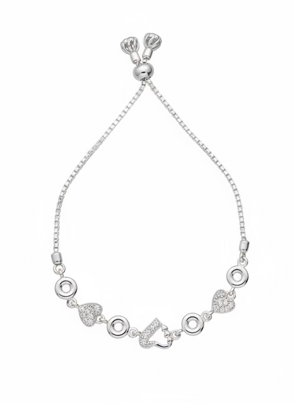 Adjustable Silver-Tone Box Chain Slider Bracelet with Pave CZ Charms