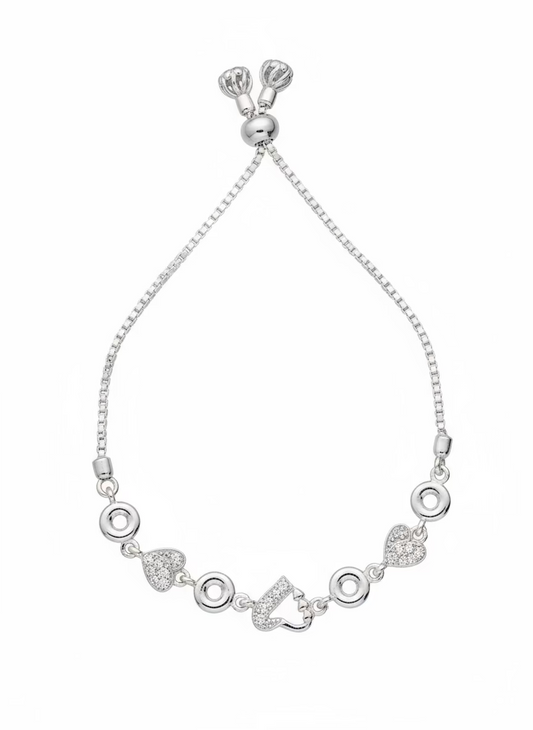 Adjustable Silver-Tone Box Chain Slider Bracelet with Pave CZ Charms