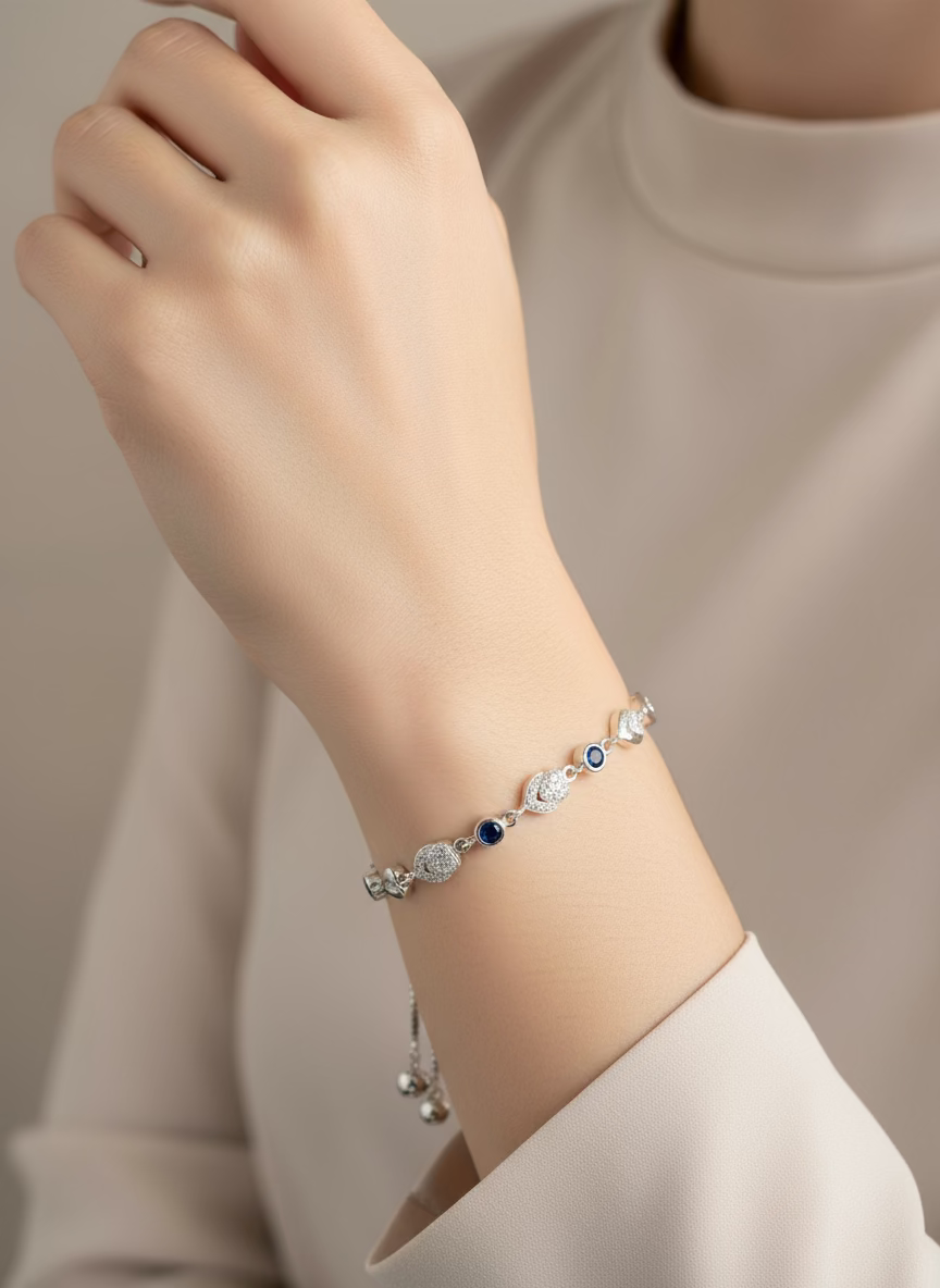 Sparkling CZ & Blue Sapphire-Style Bolo Bracelet - Adjustable Sterling Silver Tone