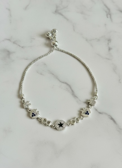 Adjustable Sterling Silver-Toned Strawberry & Star Bolo Bracelet with CZ Accents