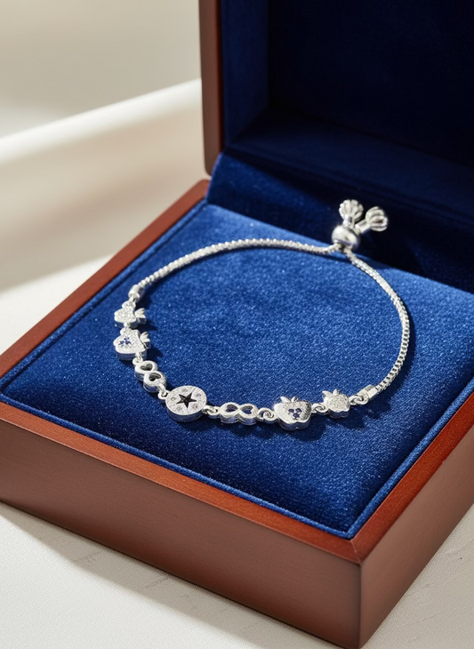 Adjustable Sterling Silver-Toned Strawberry & Star Bolo Bracelet with CZ Accents