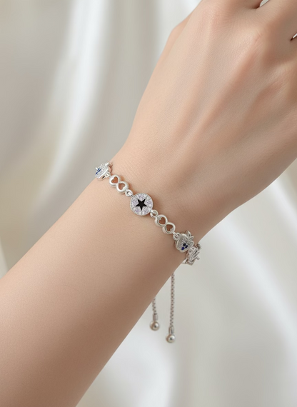 Adjustable Sterling Silver-Toned Strawberry & Star Bolo Bracelet with CZ Accents