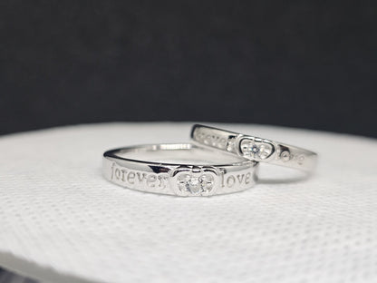 Silver Couple Rings with "Forever Love" Engraving & CZ Stones