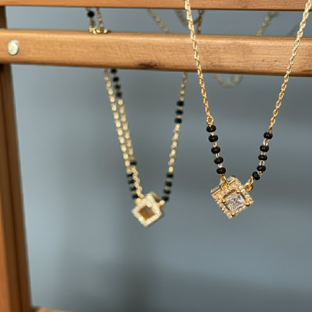 Stylish Pure Silver Black Bead Chain with Modern Pendant