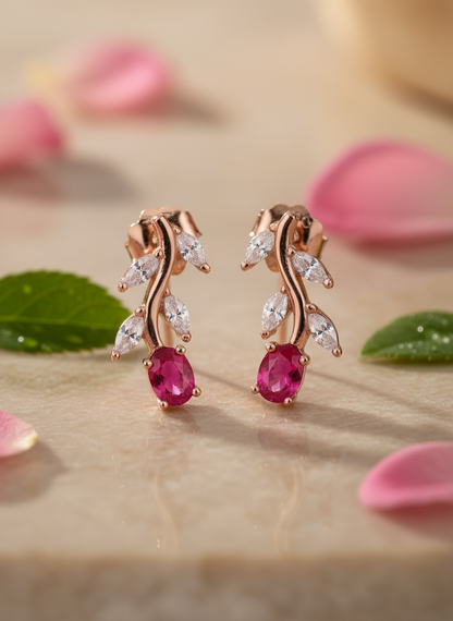 Rose Gold-Plated Ruby and CZ Leaf Design Choker Necklace