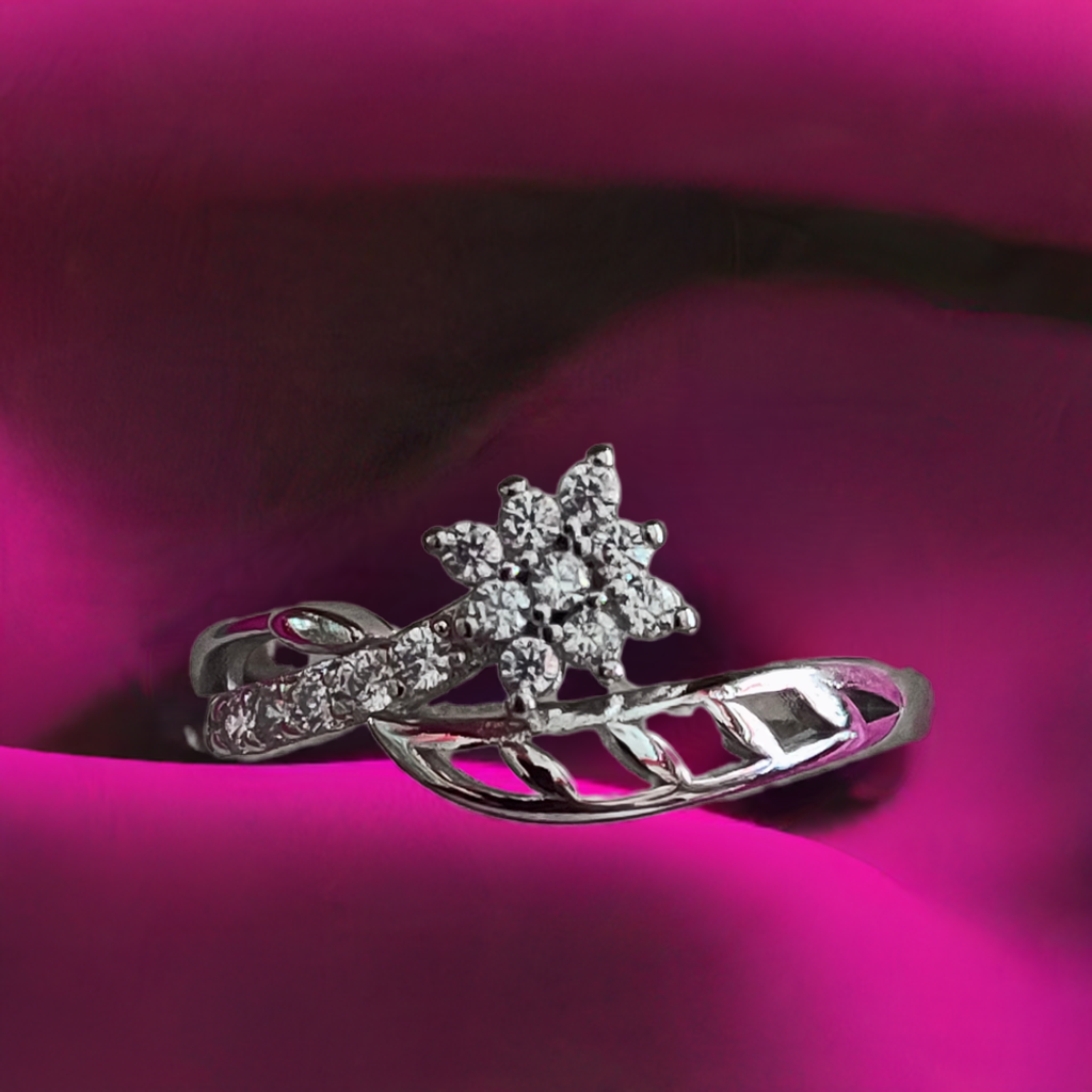 Pure Silver Flower Ring with Shiny White Stones