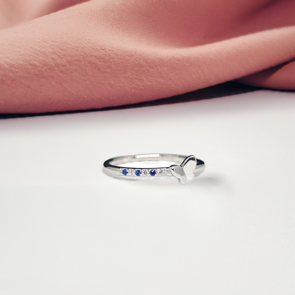 Pure Silver Butterfly Ring with Beautiful Blue Stones